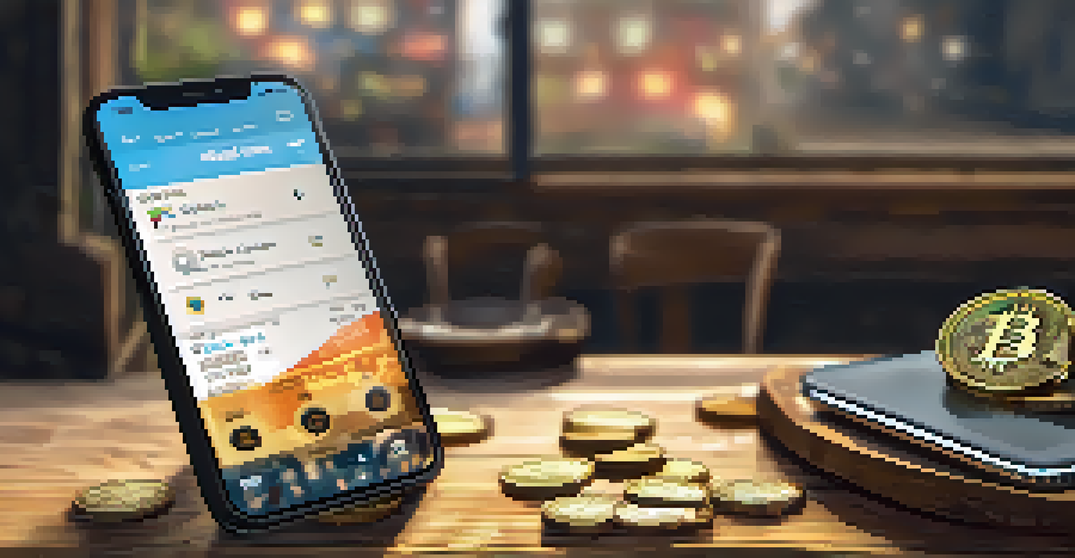 A hand holding a smartphone with a Bitcoin wallet app open, placed on a rustic wooden table with coins around it, illuminated by natural light.