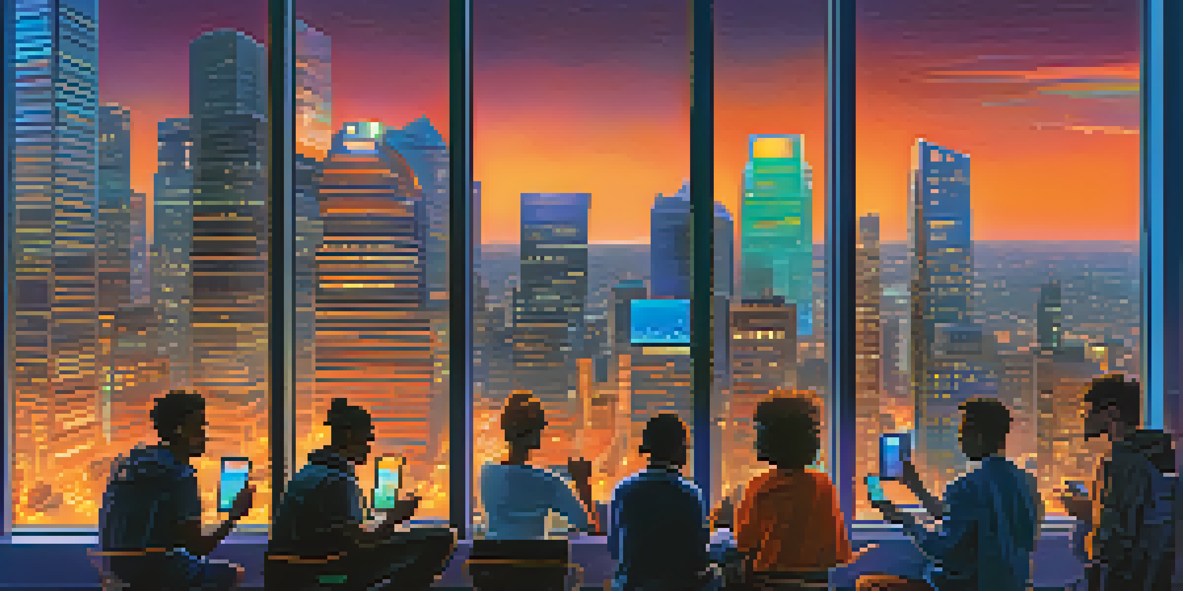 A city at dusk with people discussing Bitcoin and using smartphones, skyscrapers lit up in the background.