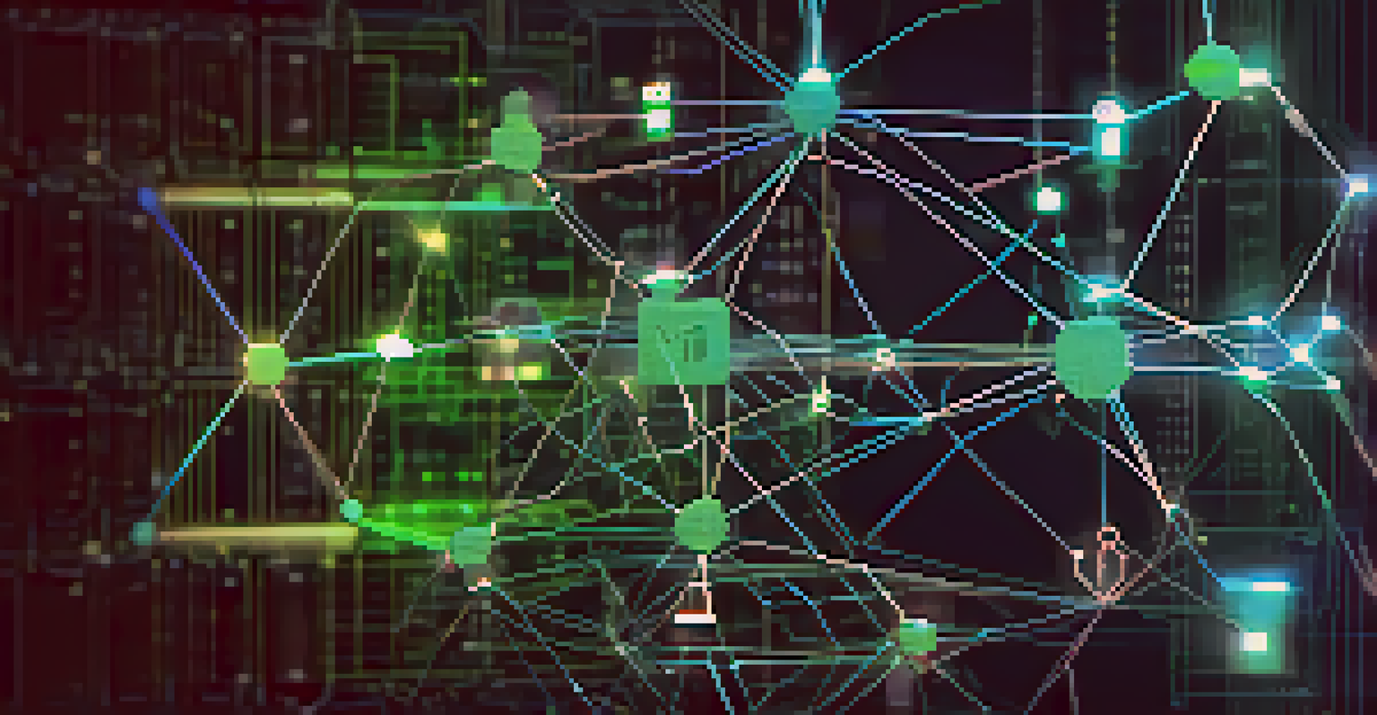 A digital illustration of a blockchain network with glowing nodes and lines representing secure communication between IoT devices.