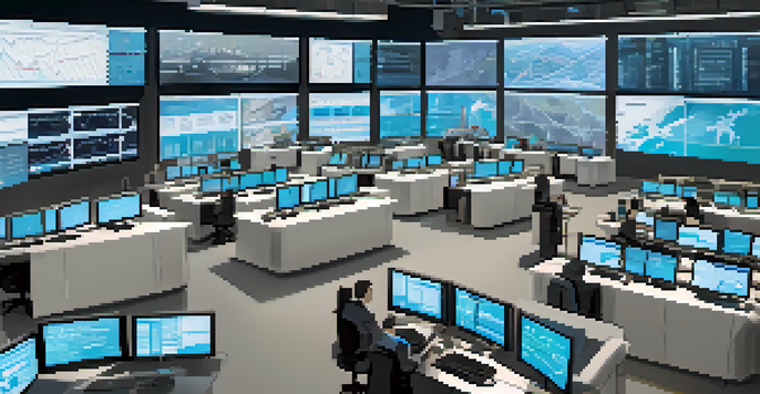 A modern supply chain control room with professionals monitoring logistics on large screens displaying data.