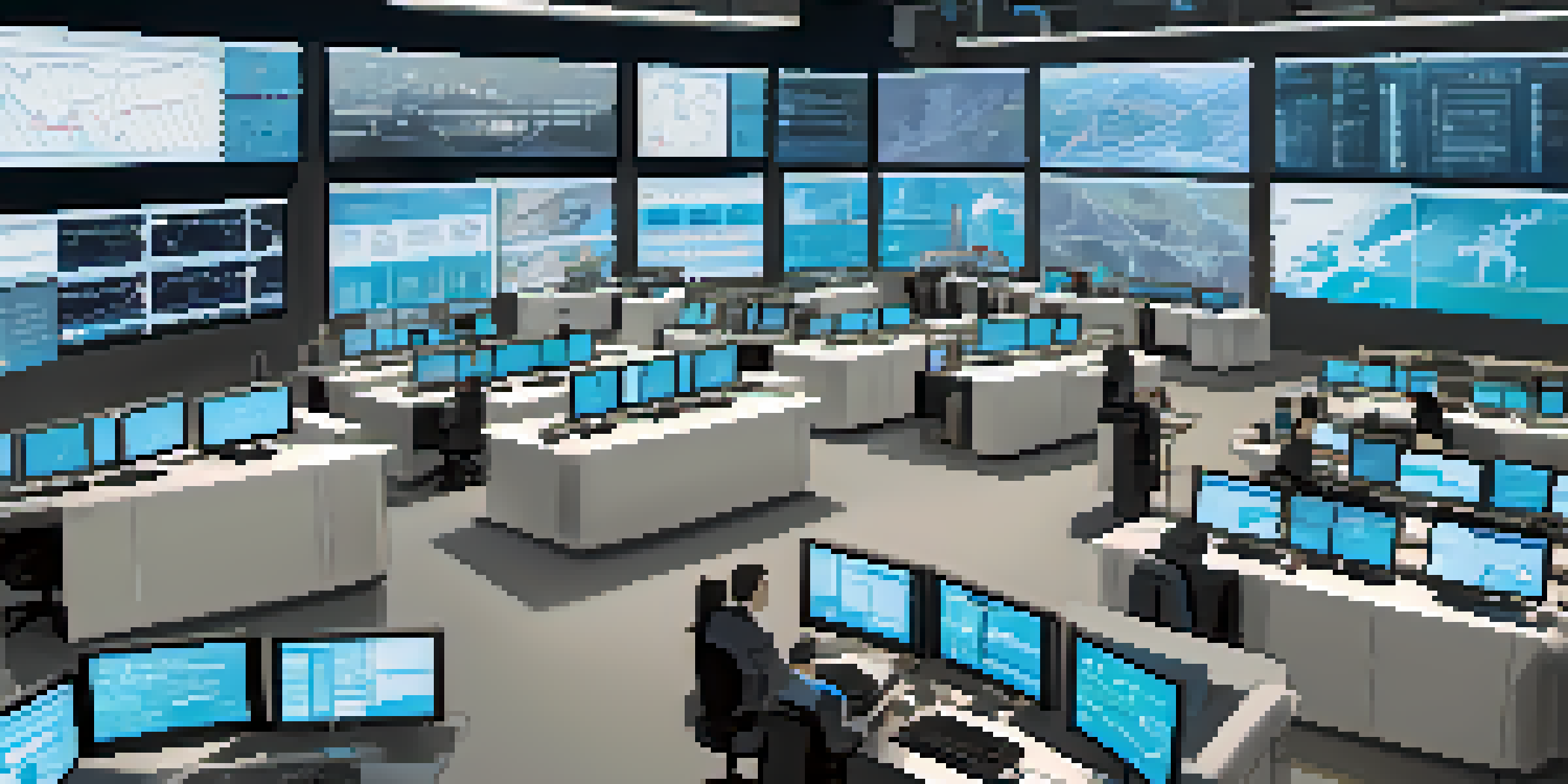 A modern supply chain control room with professionals monitoring logistics on large screens displaying data.