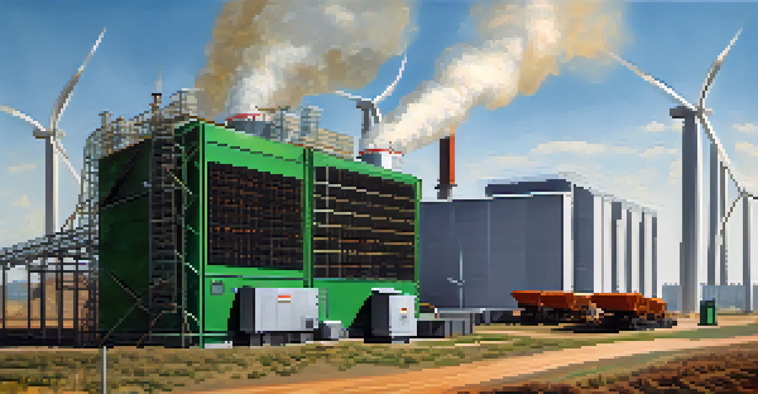 A contrasting image showing a fossil fuel-powered Bitcoin mining factory on the left and a renewable energy-powered facility on the right, highlighting the differences.