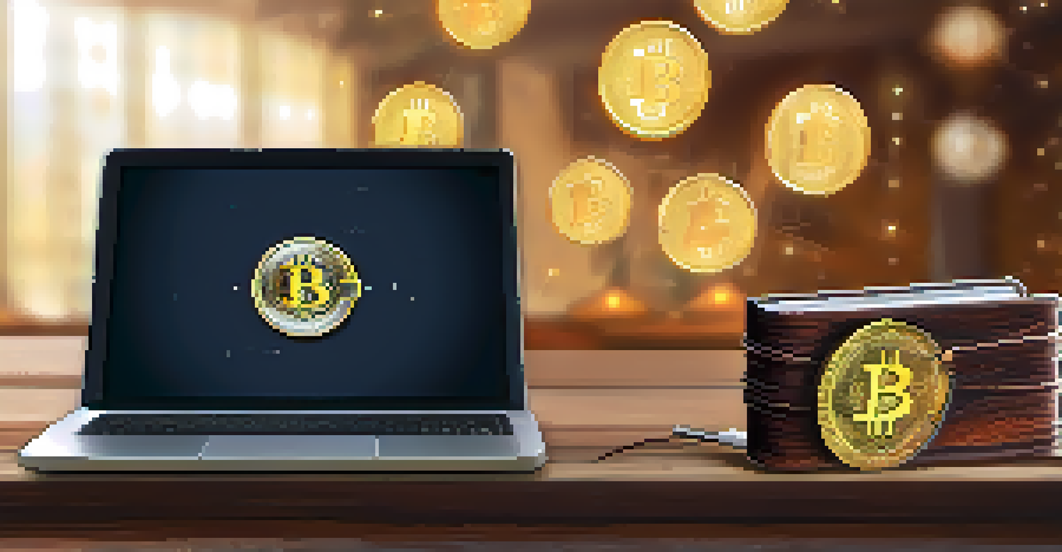 A close-up of a Bitcoin wallet on a wooden table with a laptop and smartphone in the background.