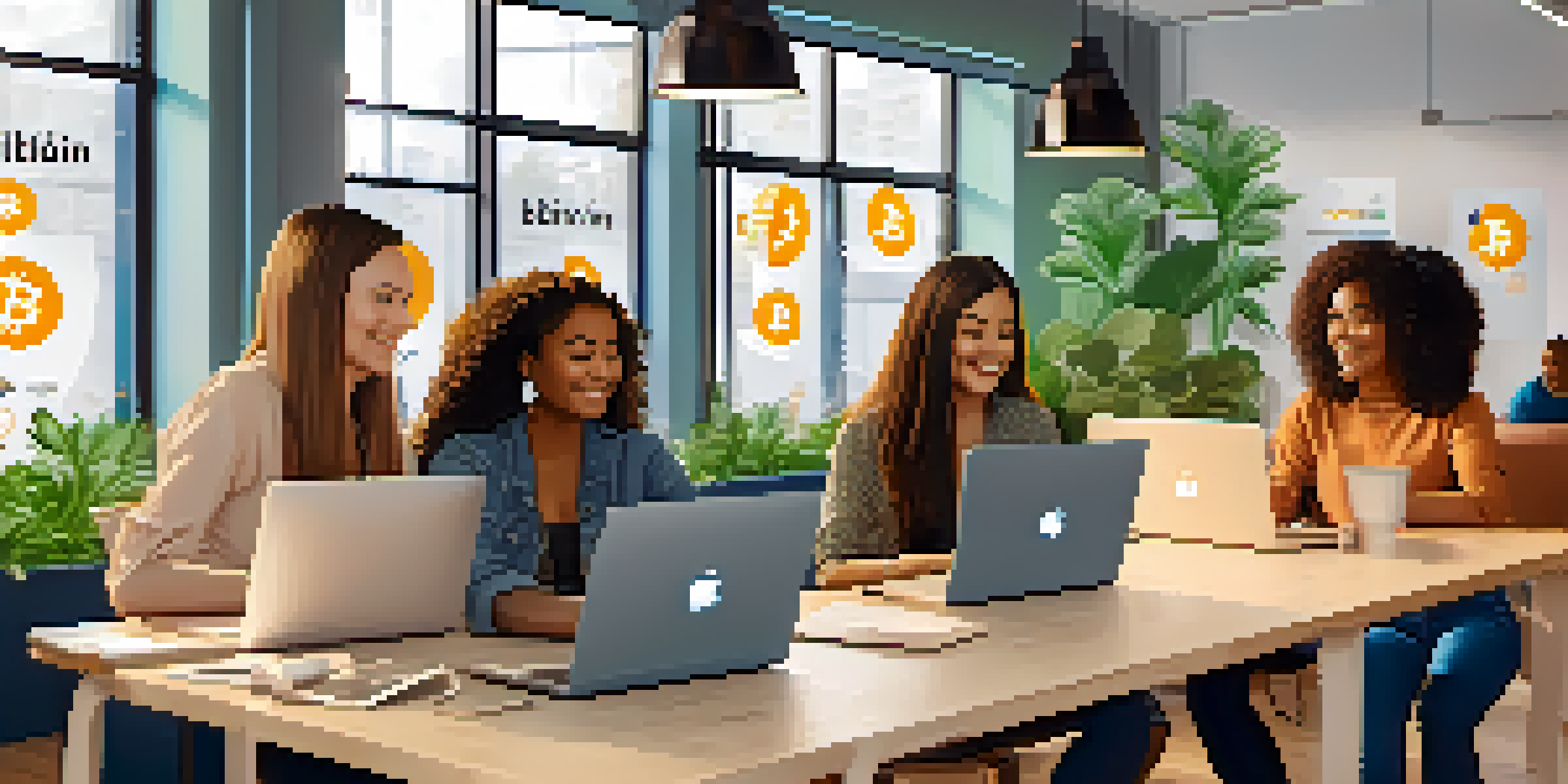 A diverse group of women working together in a bright co-working space, with laptops displaying Bitcoin symbols.