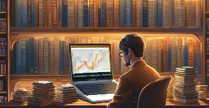 A person studying cryptocurrency charts on a laptop in a cozy study filled with financial books.