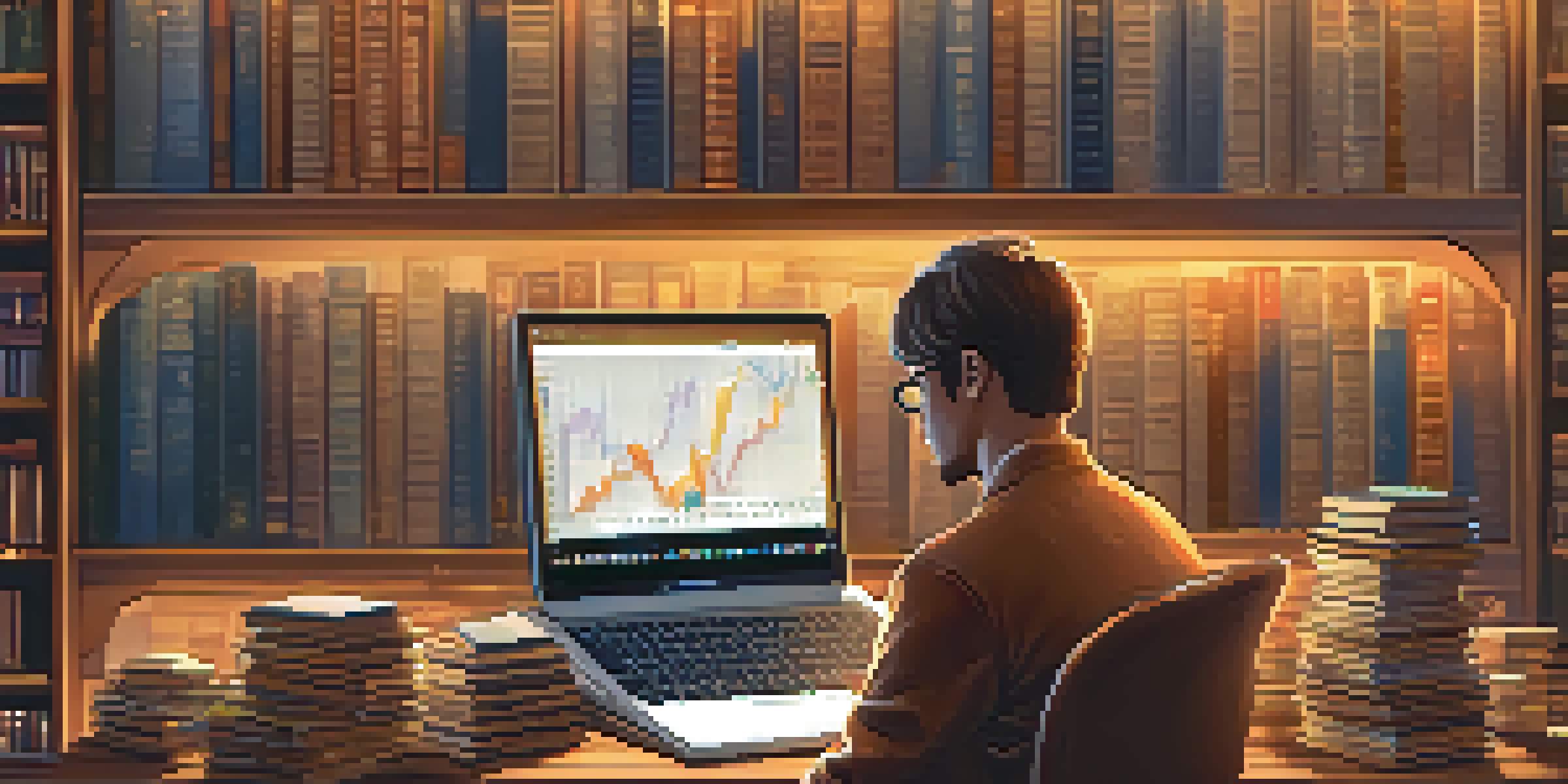 A person studying cryptocurrency charts on a laptop in a cozy study filled with financial books.