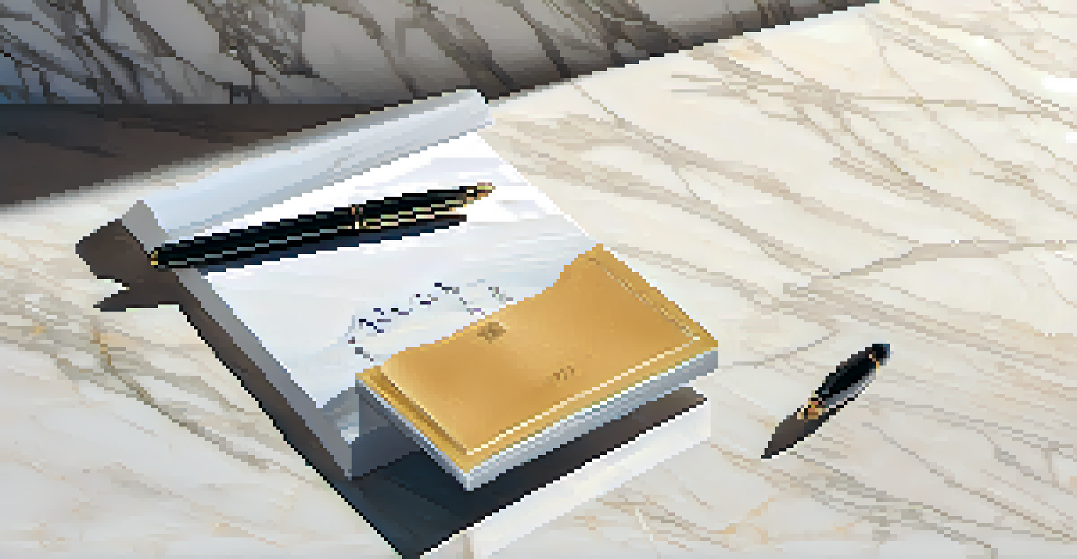 A paper Bitcoin wallet on a marble surface with a fountain pen beside it, illuminated by natural light.