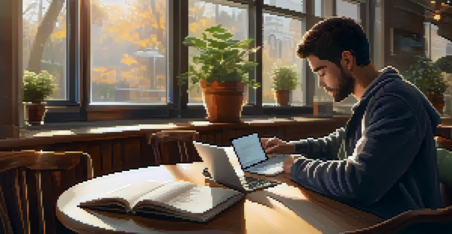 A person working on a laptop in a cozy coffee shop with sunlight, a cup of coffee, and notes about Bitcoin.