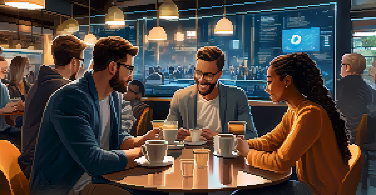 A diverse group of people discussing cryptocurrency trends at a café with digital screens in the background.