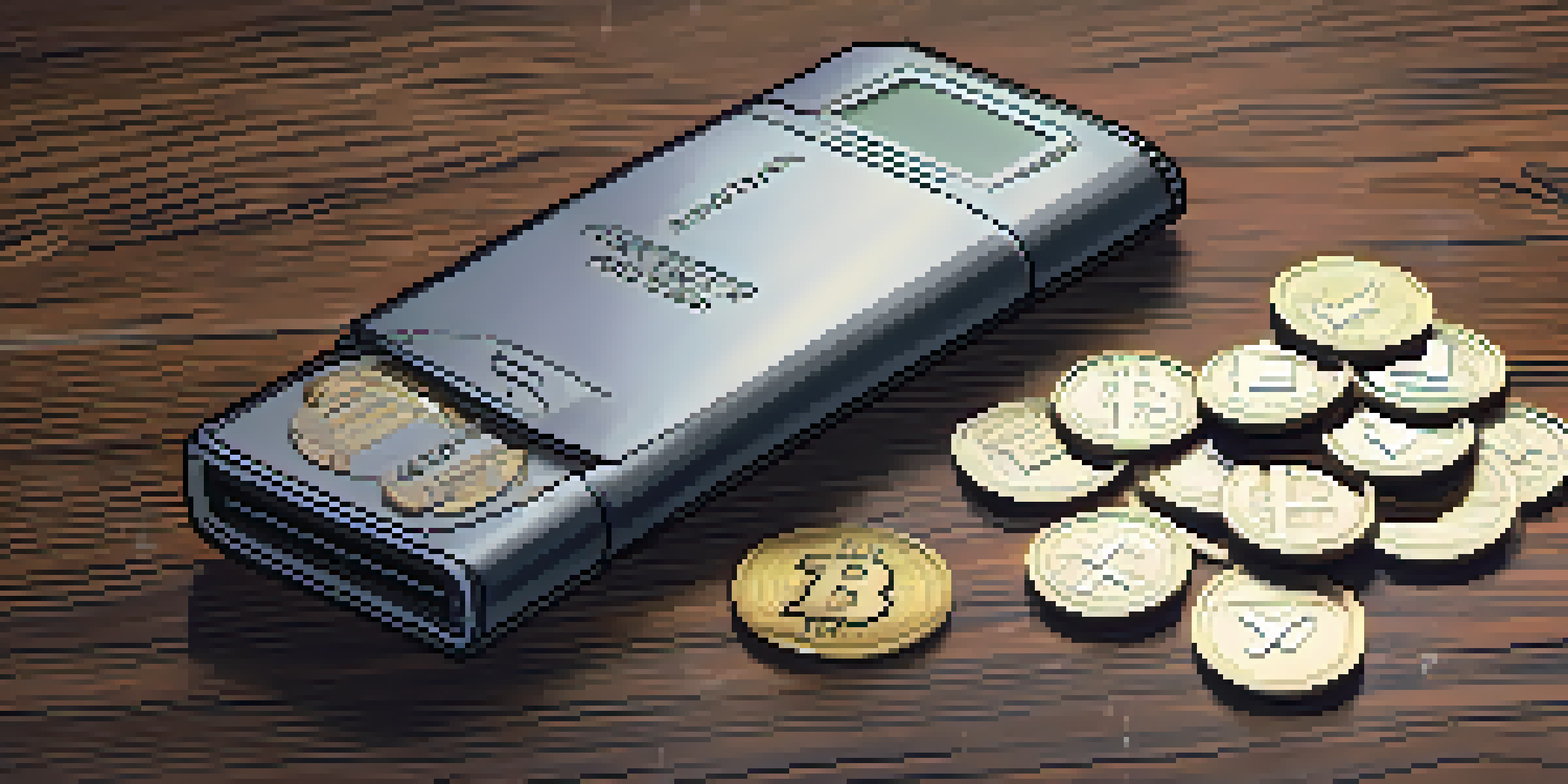 A close-up of a hardware wallet on a wooden desk, surrounded by cryptocurrency coins and a notepad, with a blurred computer screen in the background.
