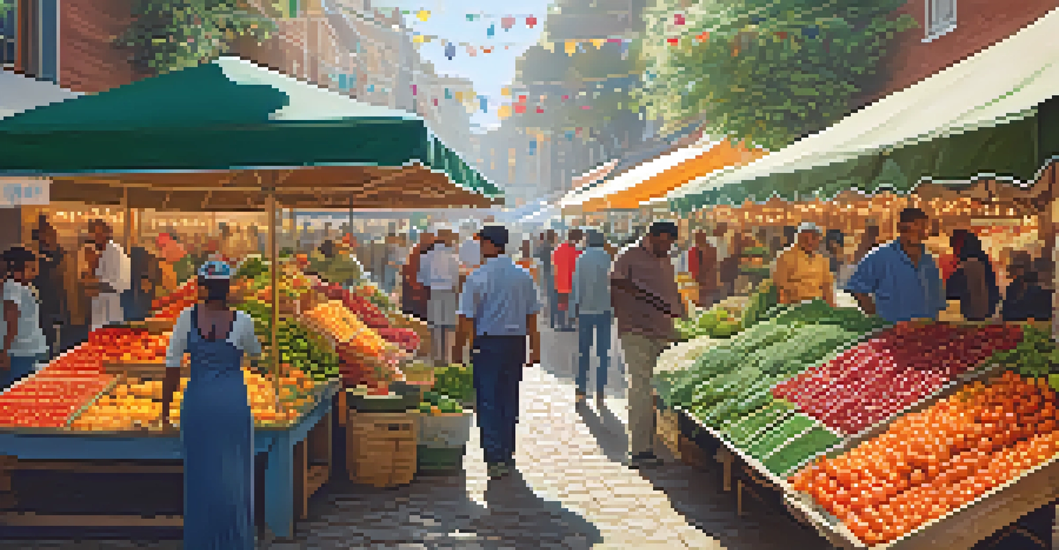 A bustling market filled with colorful stalls of fresh produce and shoppers engaging in conversation, under a sunny sky with festive decorations.