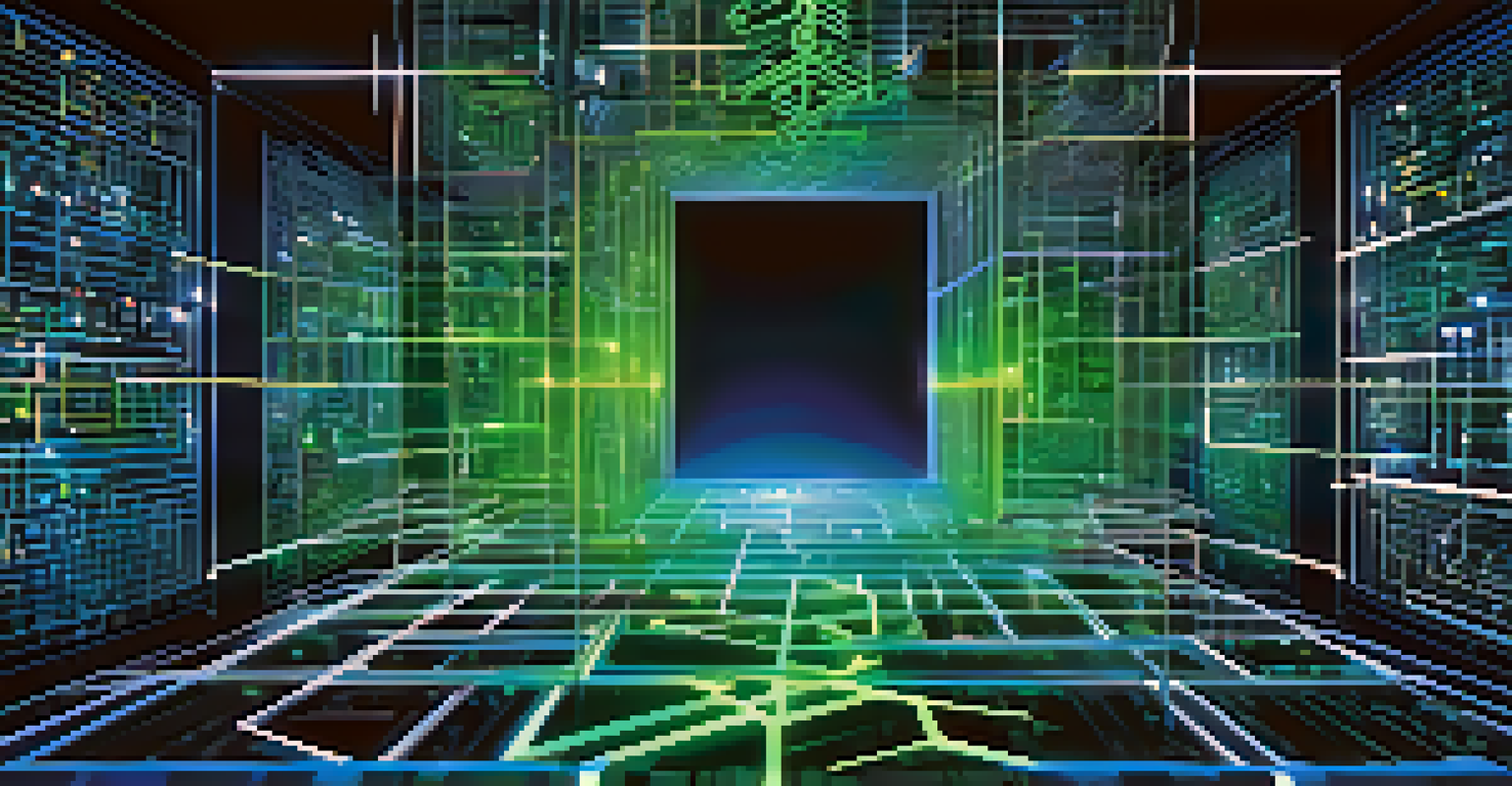 An abstract visualization of blockchain technology with glowing interconnected blocks in blue and green, symbolizing security and data integrity.