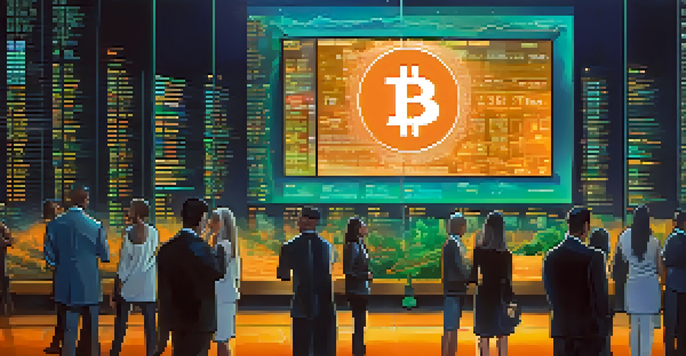 A group of investors observing Bitcoin market trends on a digital screen in a modern office setting.