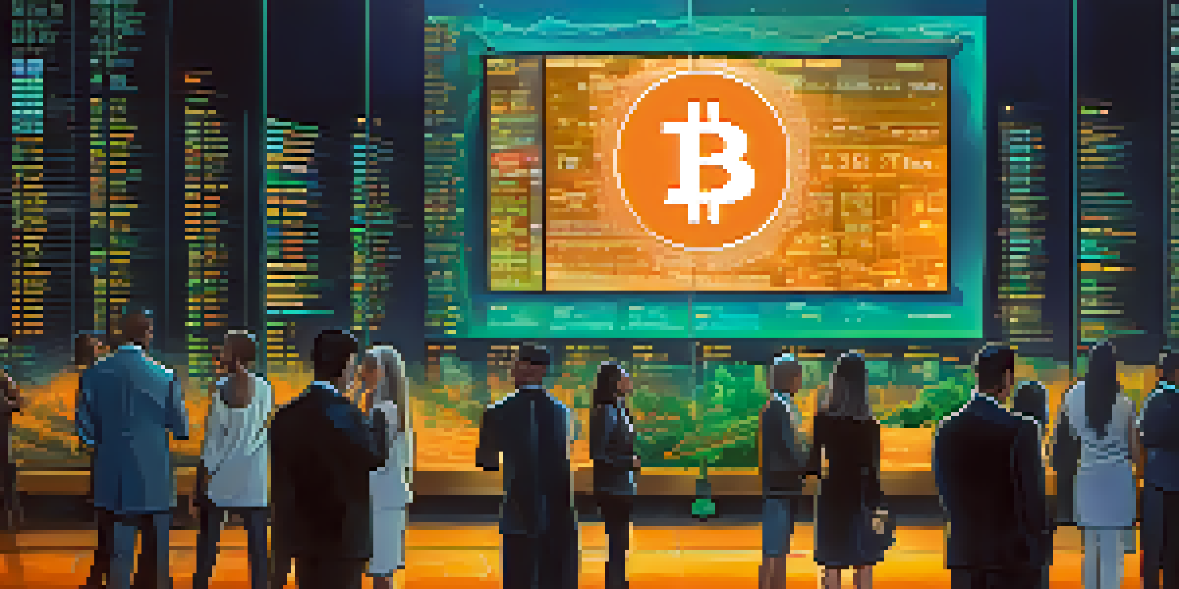 A group of investors observing Bitcoin market trends on a digital screen in a modern office setting.