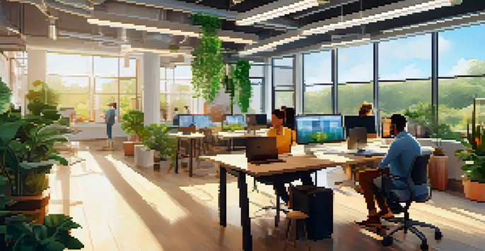 A diverse remote team working together in a bright open office, with sunlight streaming through large windows and Bitcoin transaction graphics on digital screens.