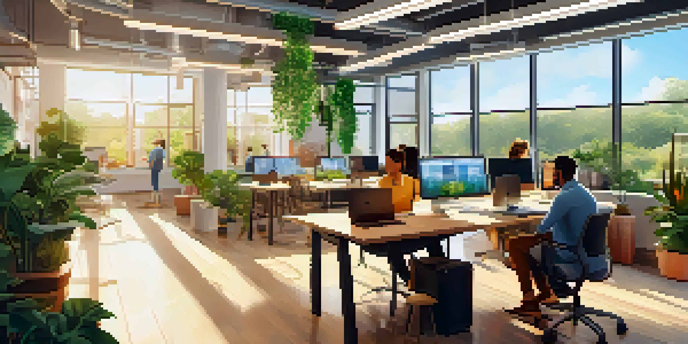 A diverse remote team working together in a bright open office, with sunlight streaming through large windows and Bitcoin transaction graphics on digital screens.