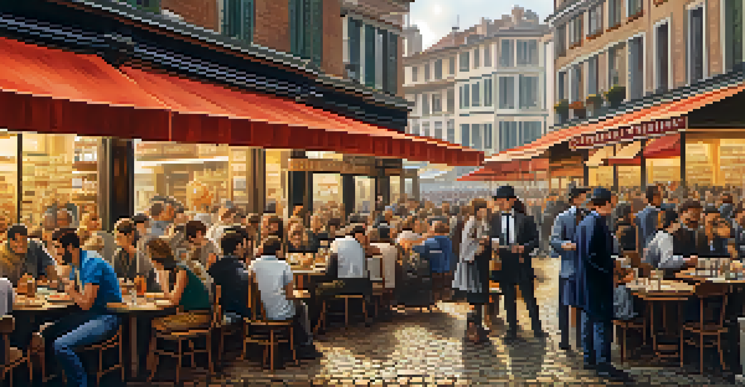 A contrast image depicting a chaotic marketplace using traditional currency on one side and a calm café using Bitcoin on smartphones on the other side.