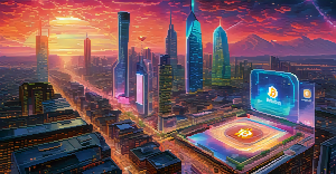 A futuristic city skyline illuminated by neon lights, with a bustling marketplace displaying NFT artworks and artists interacting with collectors.
