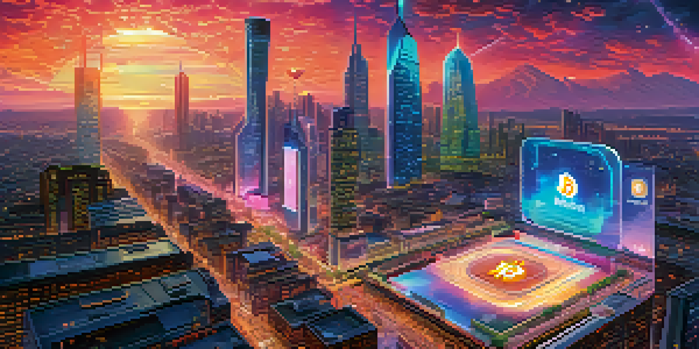 A futuristic city skyline illuminated by neon lights, with a bustling marketplace displaying NFT artworks and artists interacting with collectors.