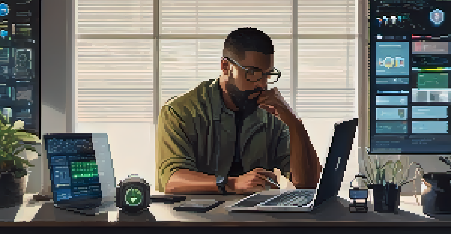 A person working intently at a laptop surrounded by cybersecurity tools, highlighting the importance of device security.