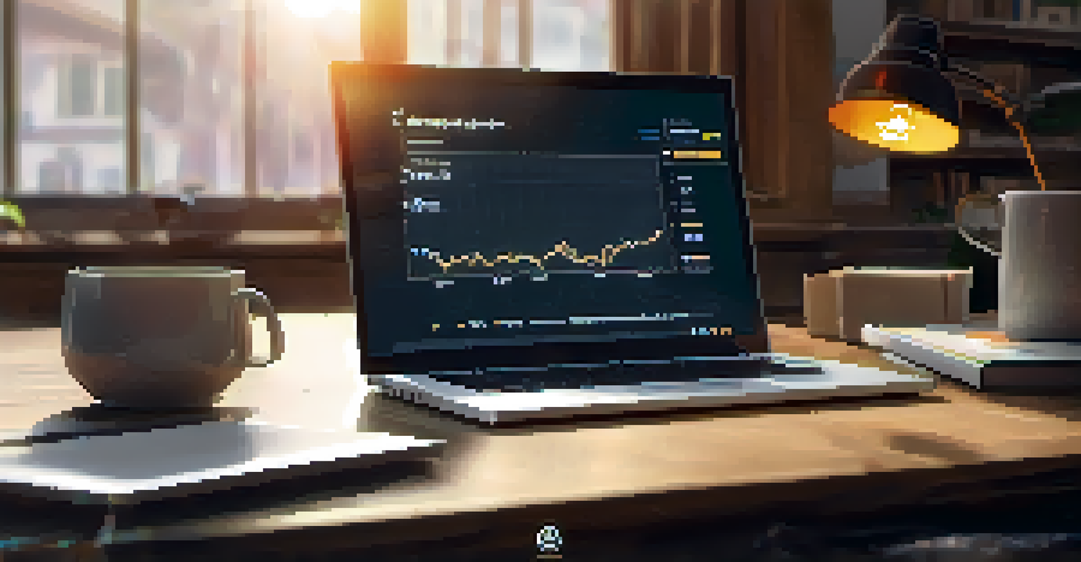 A laptop screen showing a Bitcoin donation platform with charts, set in a cozy workspace with a cup of coffee.