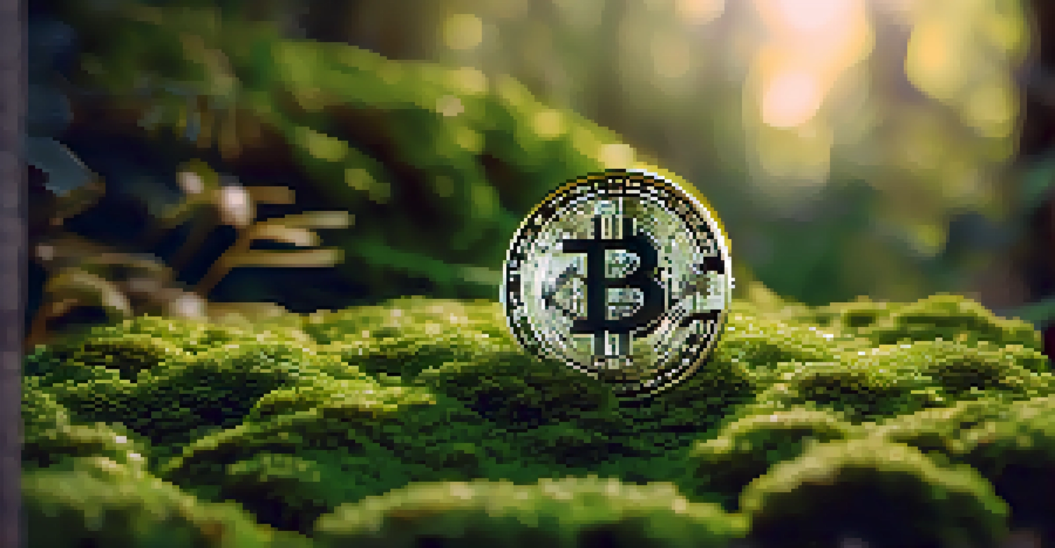 A close-up of a Bitcoin coin on green moss with sunlight filtering through leaves.