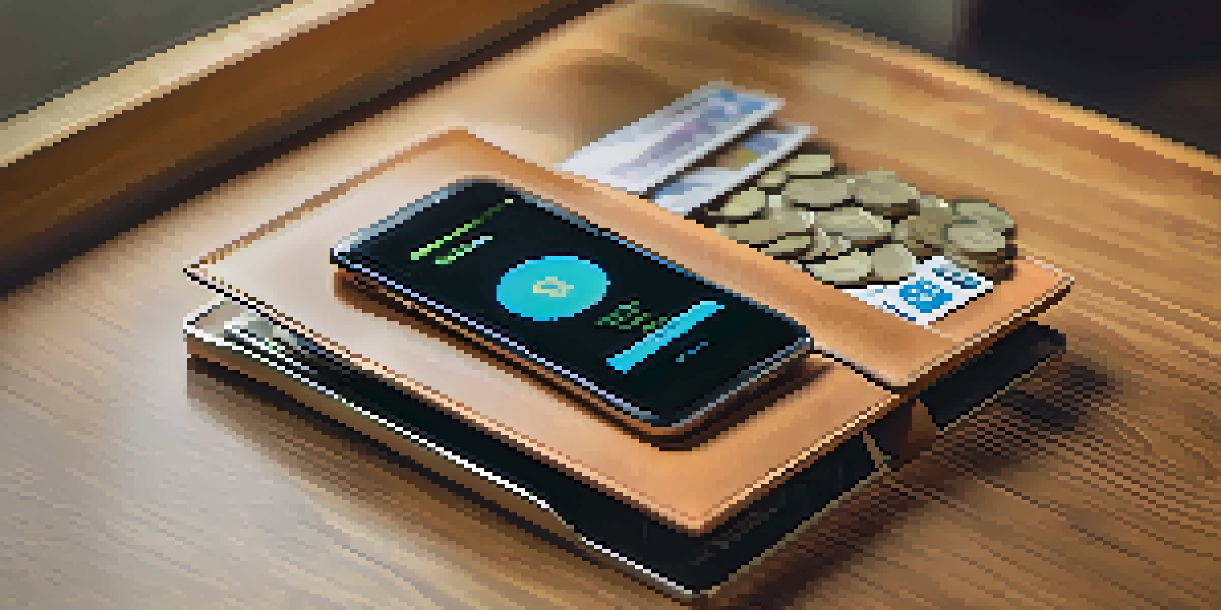 A close-up view of a modern hardware wallet on a desk, with cryptocurrency coins around it and a digital screen showing Bitcoin balances, illuminated by soft natural light.