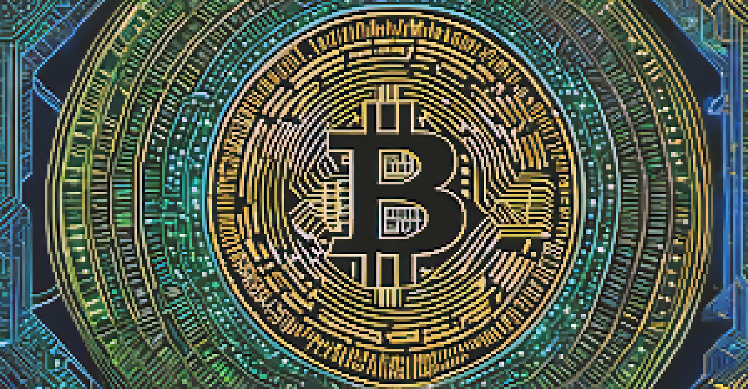 An abstract representation of Bitcoin with a glowing symbol surrounded by blockchain patterns in blue and green.