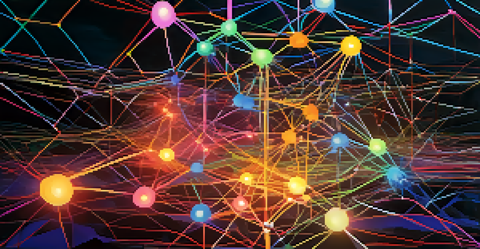 A colorful blockchain network with interconnected nodes, illustrating community voices and collaboration in governance.