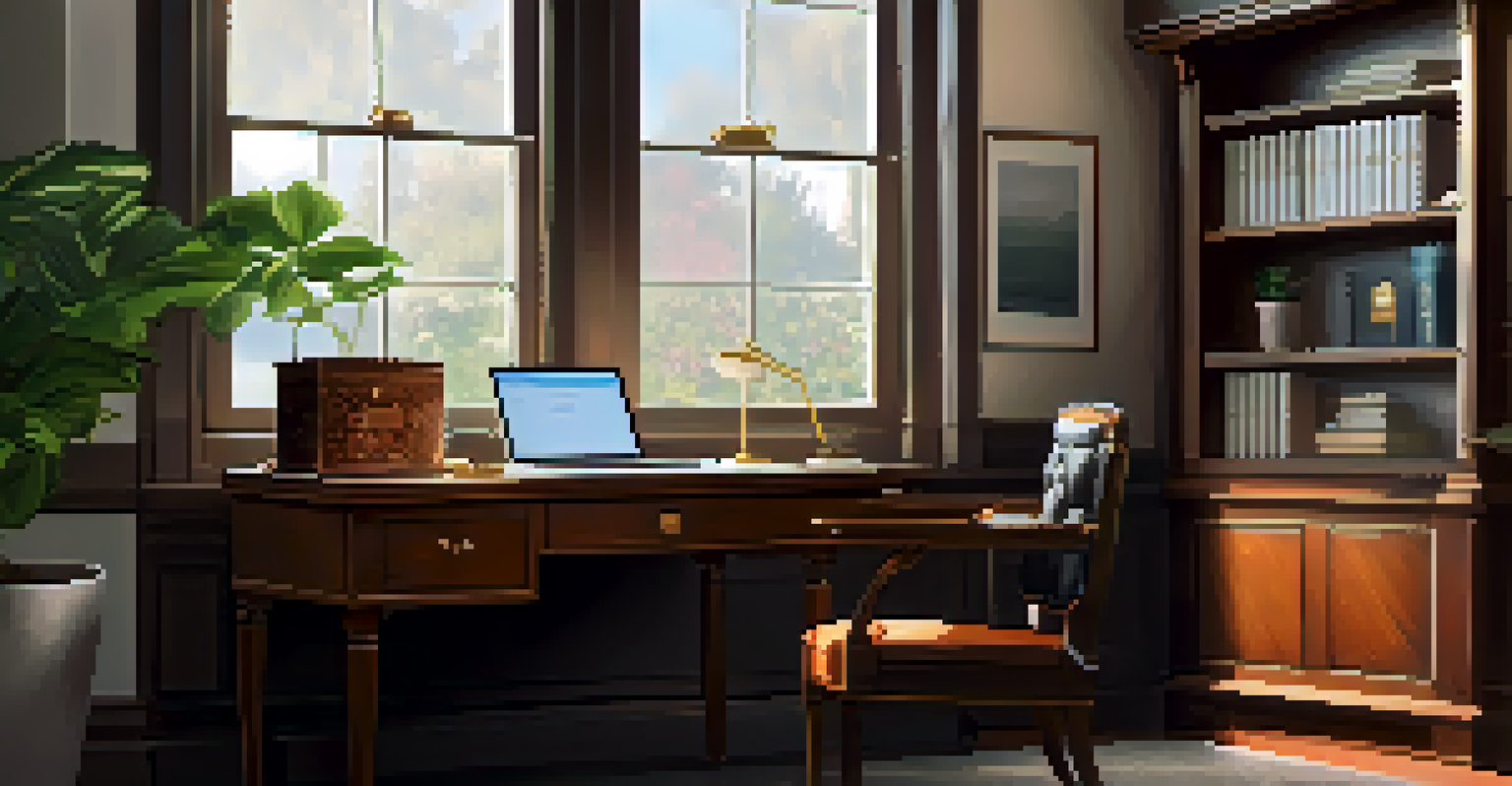 A cold wallet inside a safety deposit box on a desk with Bitcoin books and a potted plant.