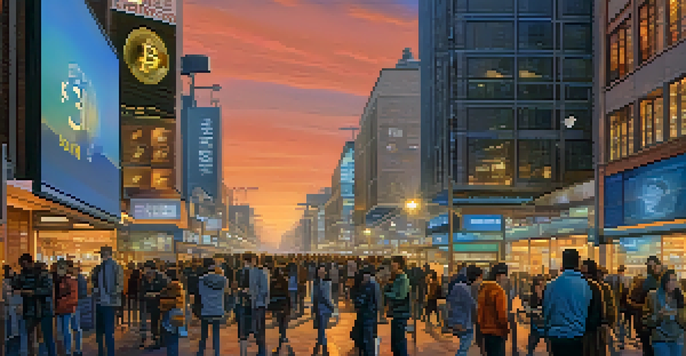 A busy urban street at twilight with people using smartphones and a digital billboard showcasing Bitcoin prices.