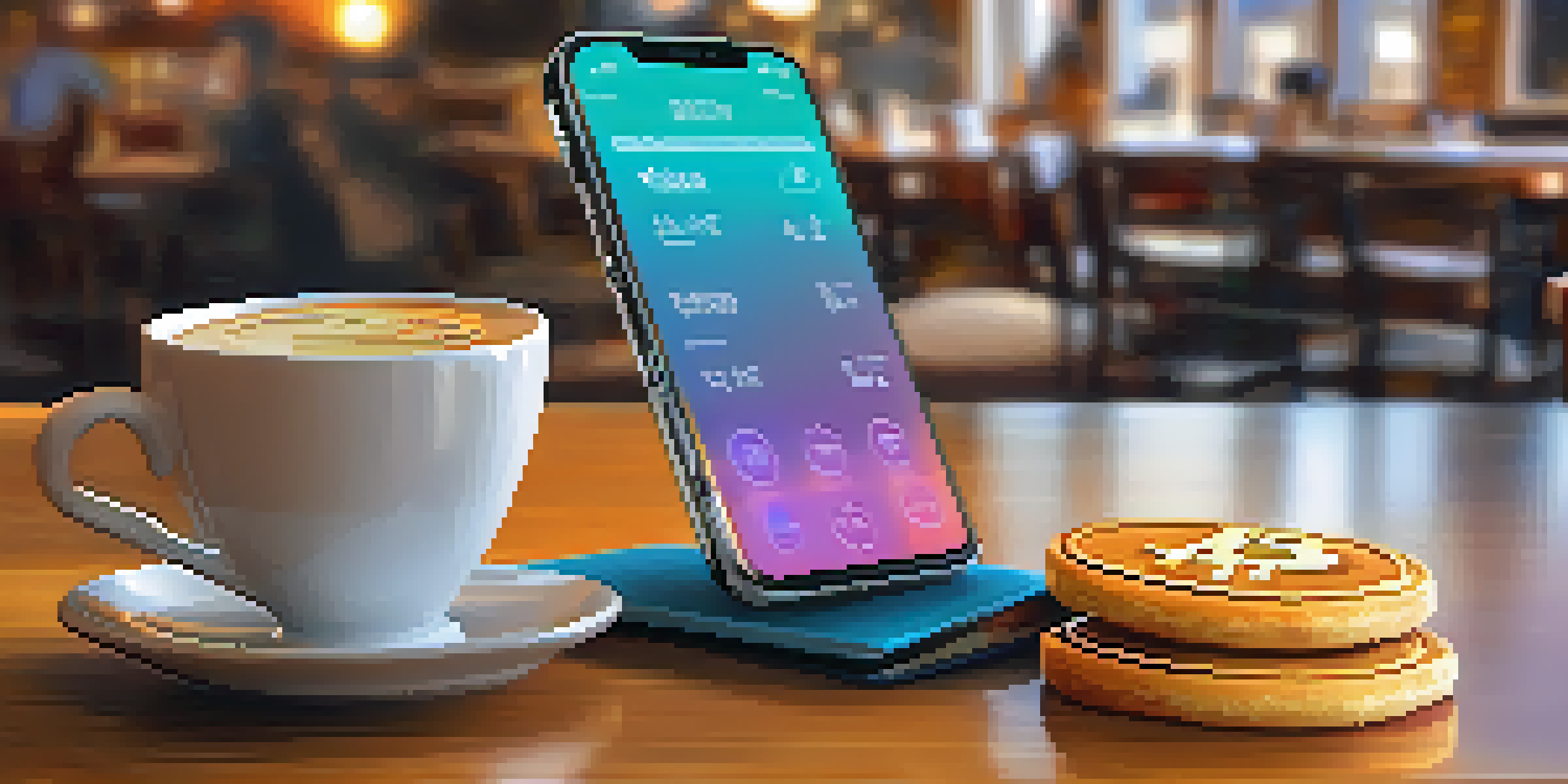 A smartphone on a café table showcasing a Bitcoin wallet app interface, accompanied by a cup of coffee and a pastry.