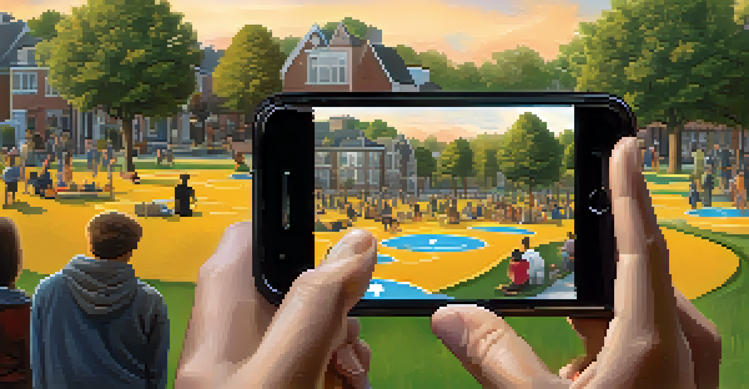 Hands holding a smartphone with a Bitcoin wallet app, with a neighborhood park in the background, symbolizing community trust.