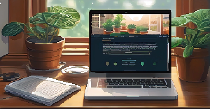 A cozy workspace with a laptop showing Bitcoin transactions, natural light, plants, and a cup of coffee.