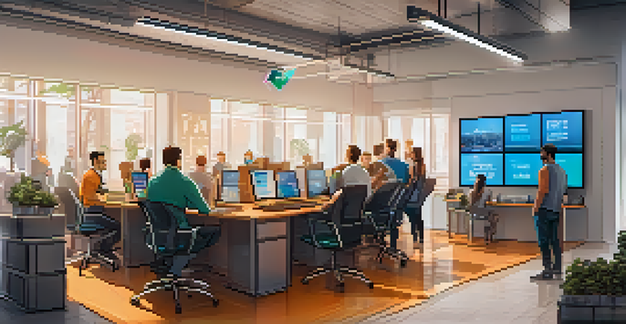 An interior view of a busy Bitcoin exchange office with traders and screens showing cryptocurrency prices.