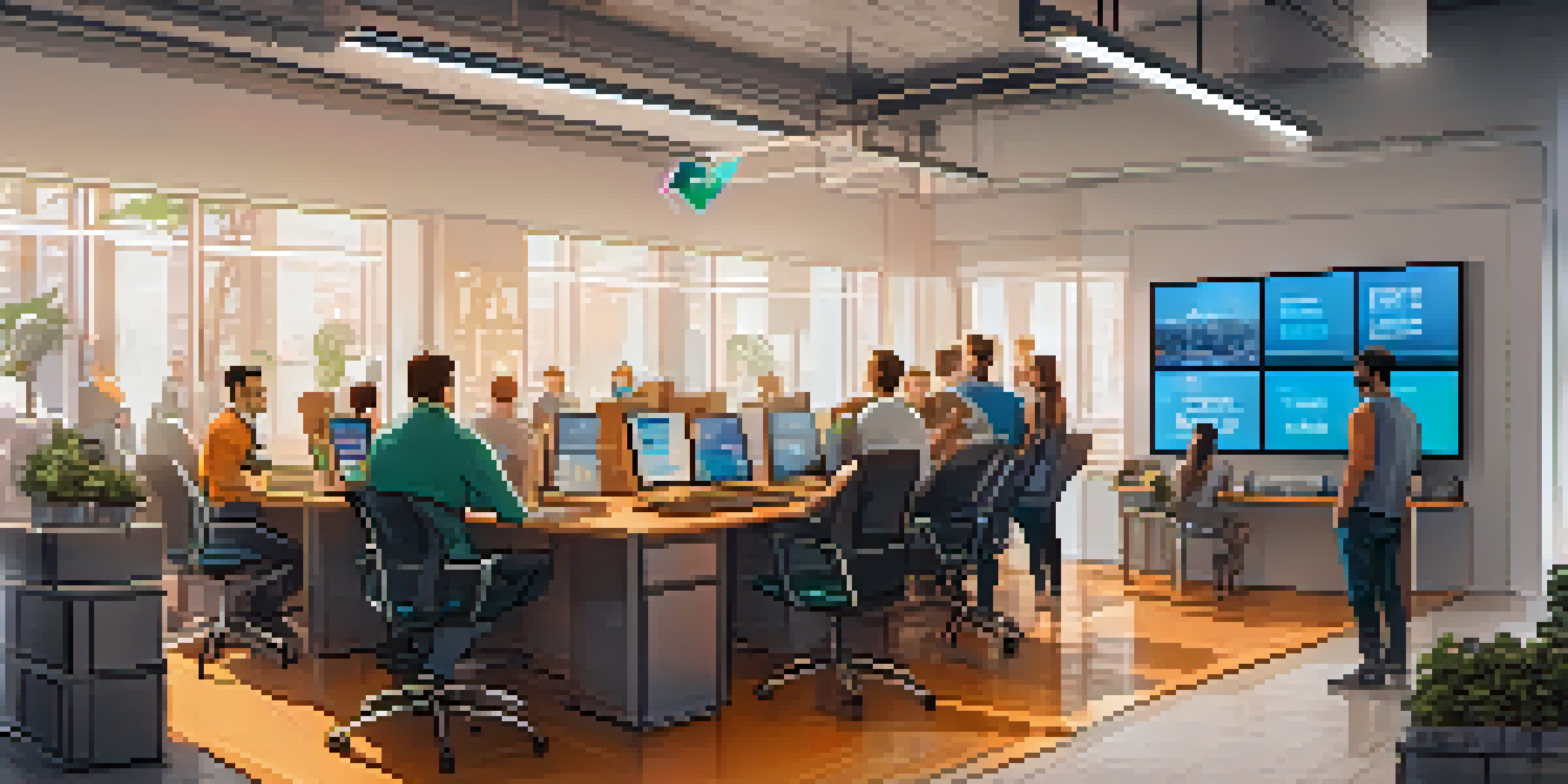 An interior view of a busy Bitcoin exchange office with traders and screens showing cryptocurrency prices.