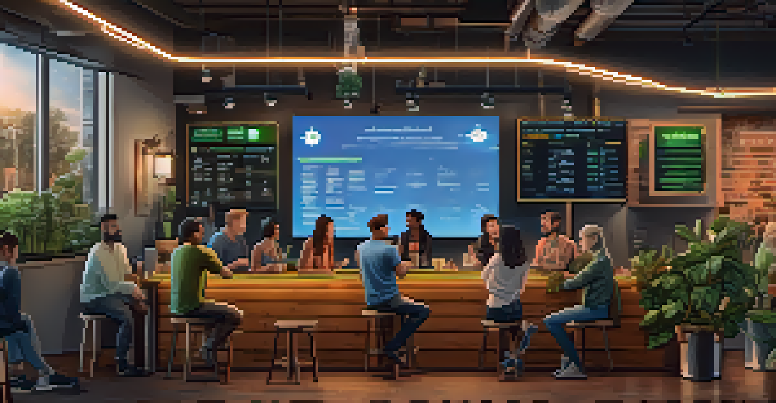 A diverse group of people in a modern café, discussing Bitcoin price charts displayed on a digital screen, showcasing a sense of community and collaboration.