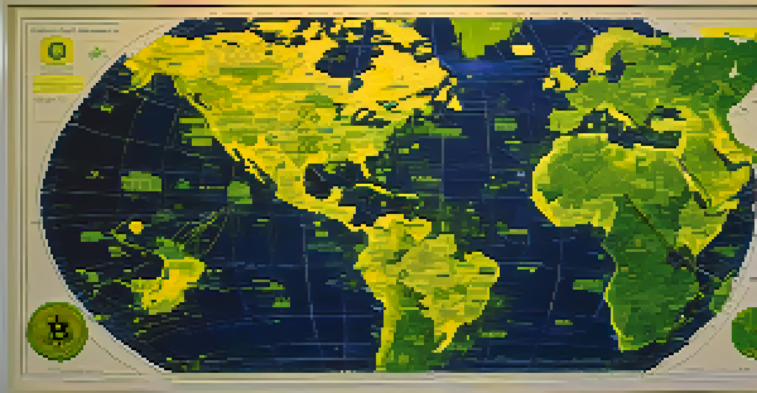 A global map with glowing Bitcoin symbols indicating regions affected by currency devaluation and economic instability.