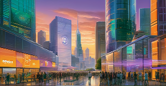 A modern city with a bank building and digital cryptocurrency displays in the foreground, under a colorful sunset sky.