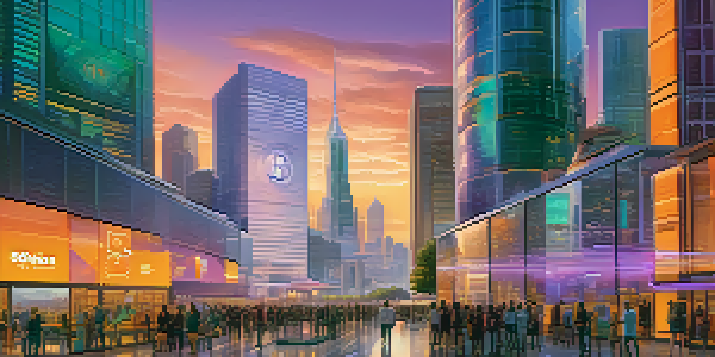 A modern city with a bank building and digital cryptocurrency displays in the foreground, under a colorful sunset sky.