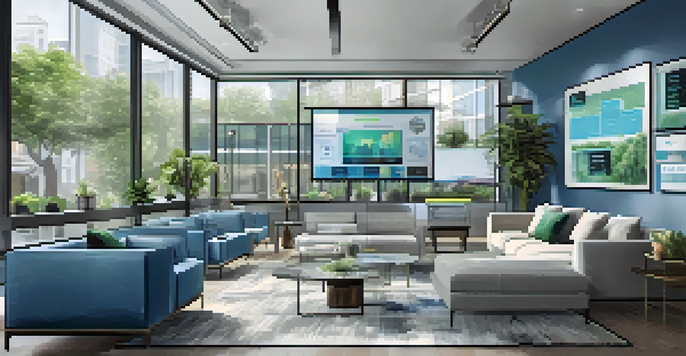 A contemporary real estate office with digital screens showing Bitcoin data, agents discussing property listings, and plants for a fresh touch.