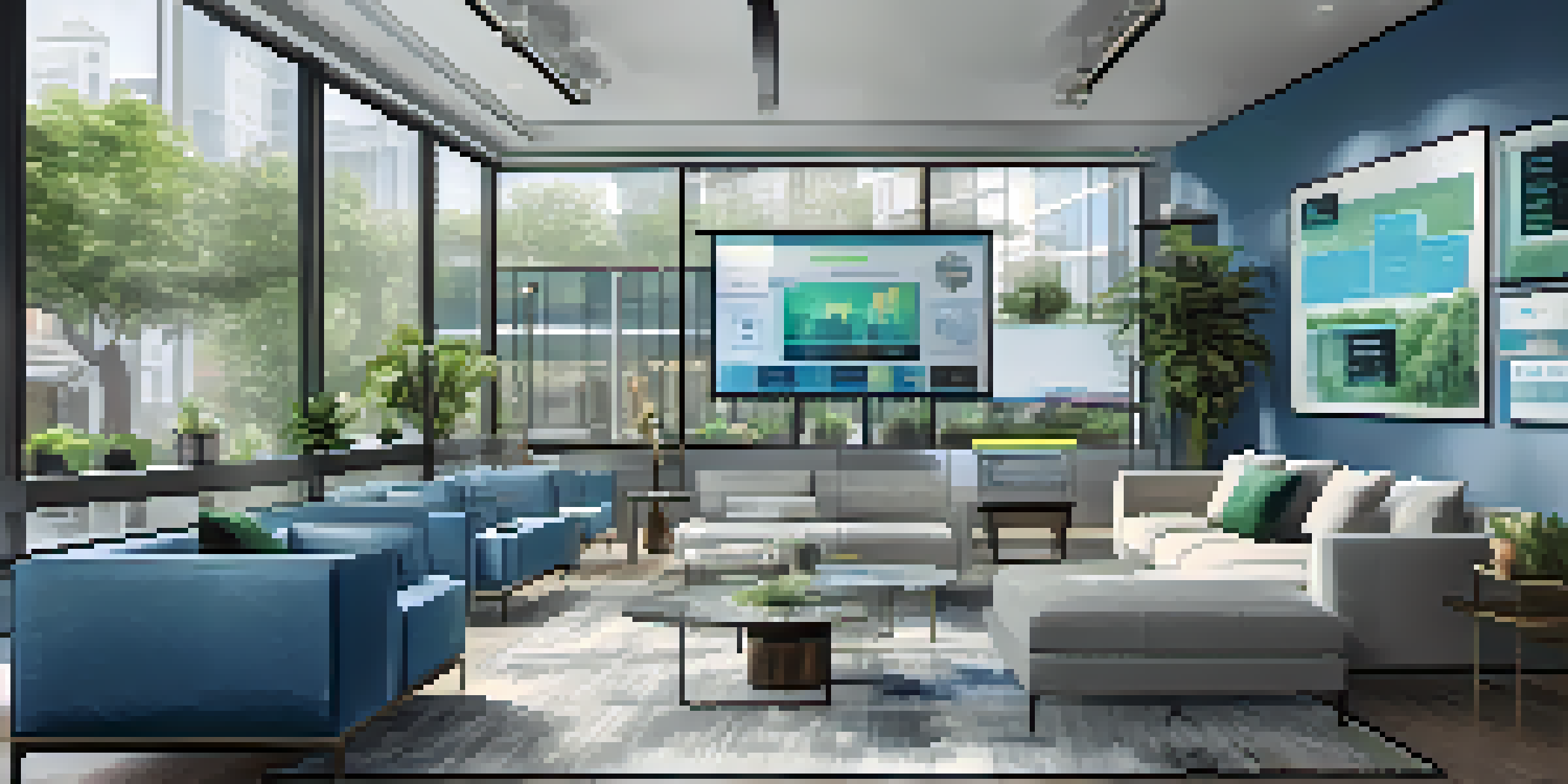A contemporary real estate office with digital screens showing Bitcoin data, agents discussing property listings, and plants for a fresh touch.
