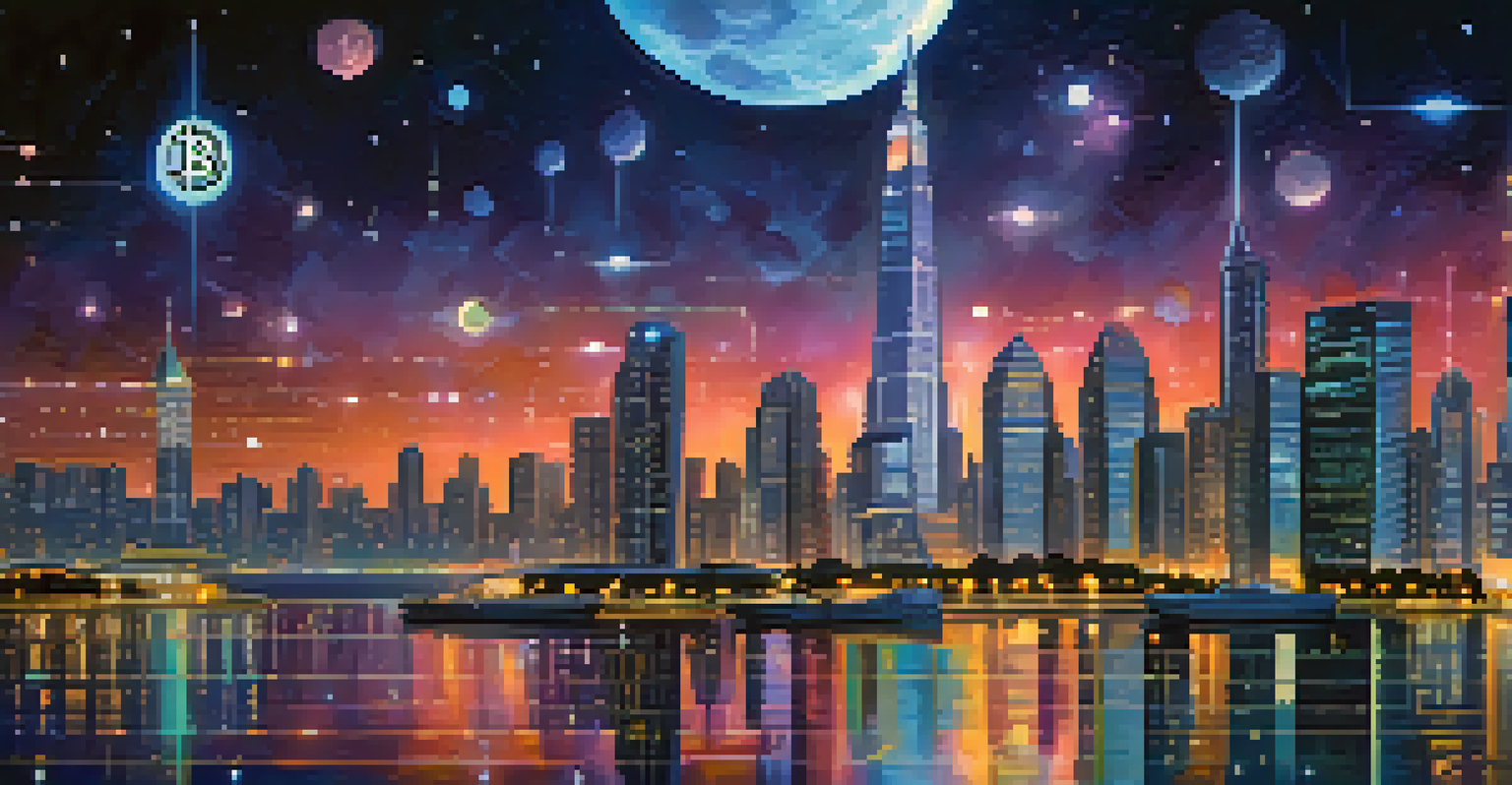 A futuristic cityscape at night featuring skyscrapers with blockchain patterns and Bitcoin symbols.