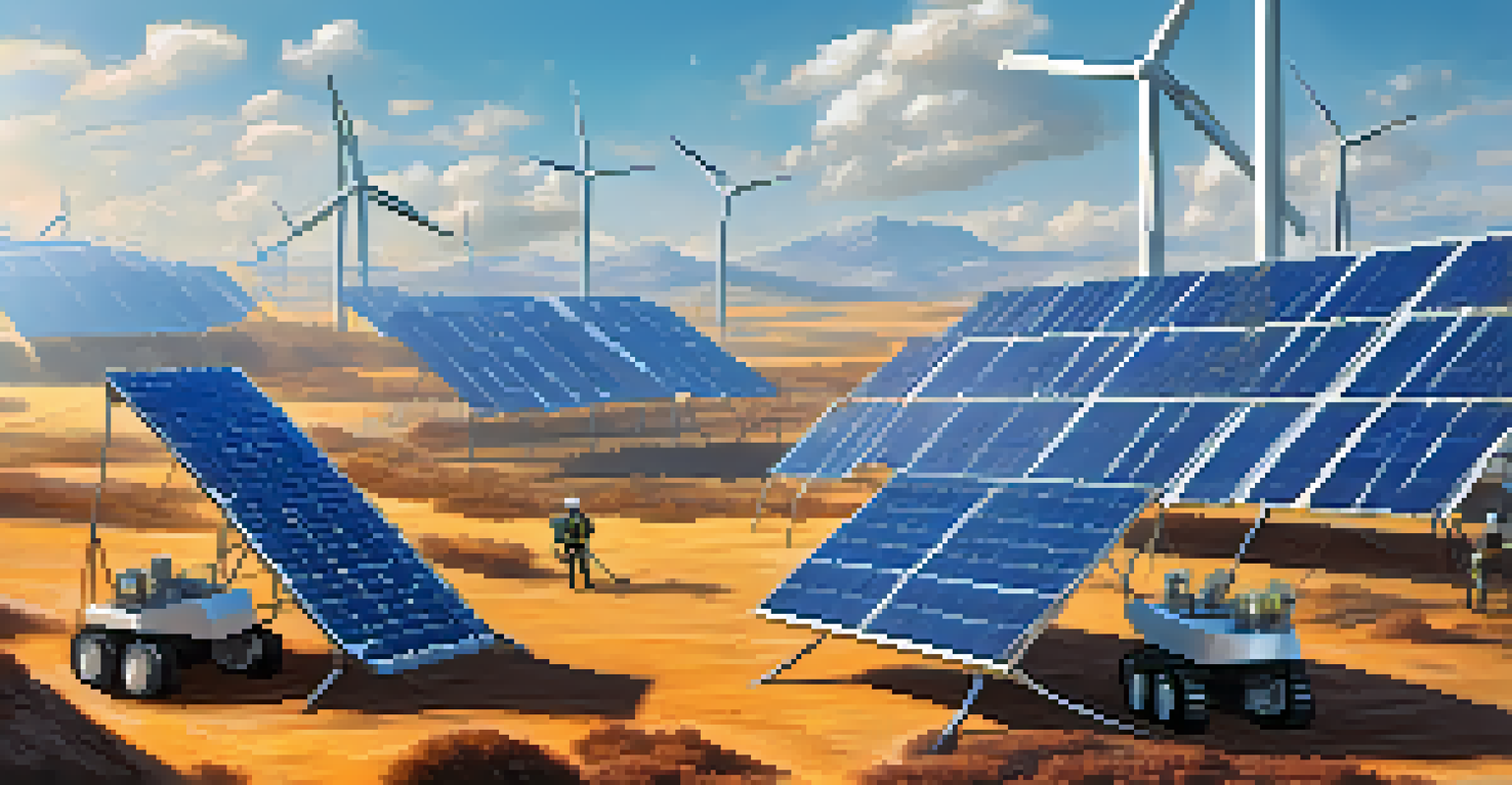 A miner working in a bright, futuristic Bitcoin mining setup powered by renewable energy, with solar panels and wind turbines visible outside.