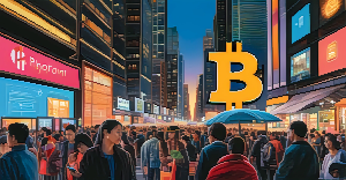 An urban scene at dusk with diverse people using smartphones for digital transactions, illuminated skyline with Bitcoin symbols.