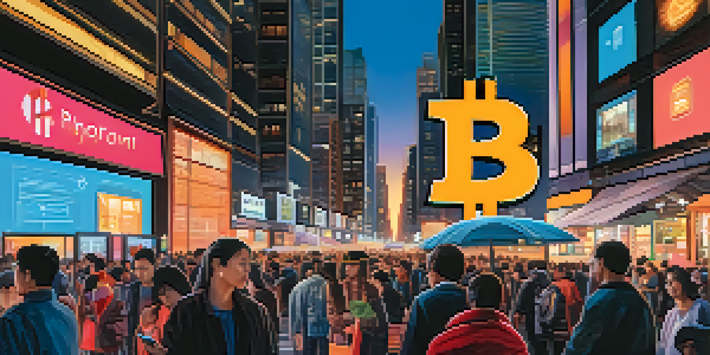An urban scene at dusk with diverse people using smartphones for digital transactions, illuminated skyline with Bitcoin symbols.