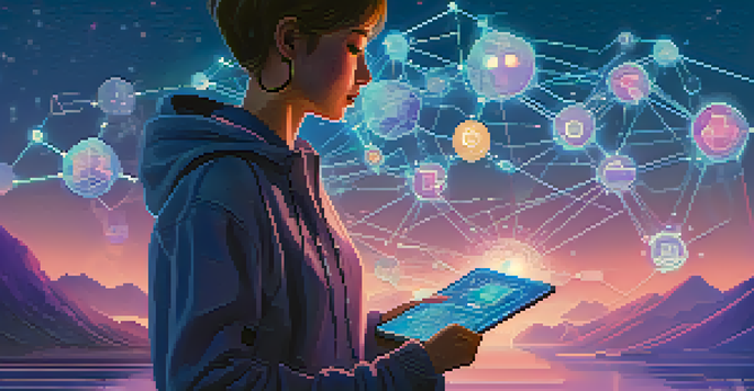 A person holding a glowing digital passport in a serene digital landscape with floating data icons and a blockchain network.