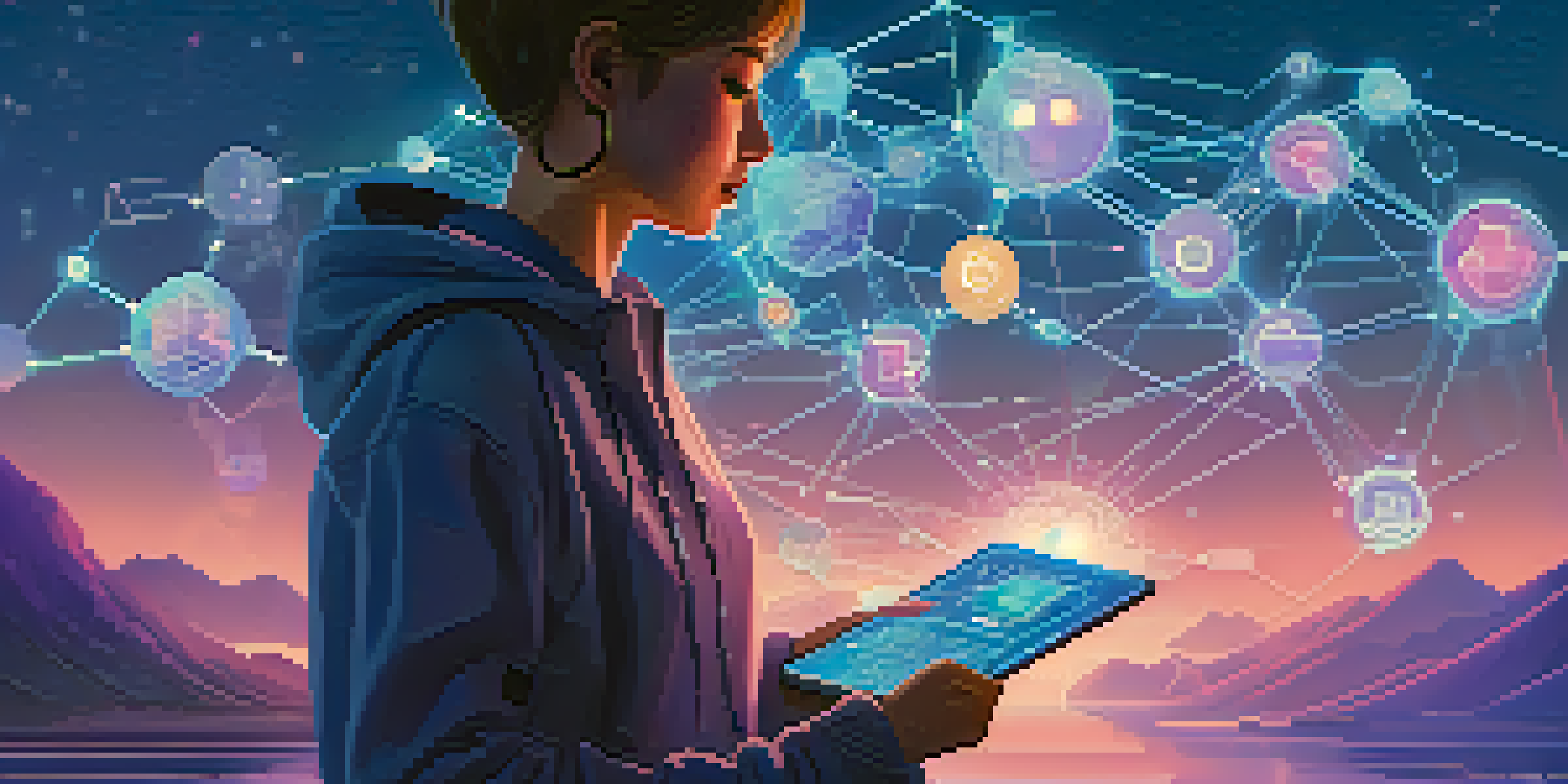 A person holding a glowing digital passport in a serene digital landscape with floating data icons and a blockchain network.