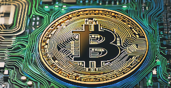 A detailed close-up of a golden Bitcoin coin on a digital circuit board with soft glowing lights in the background.