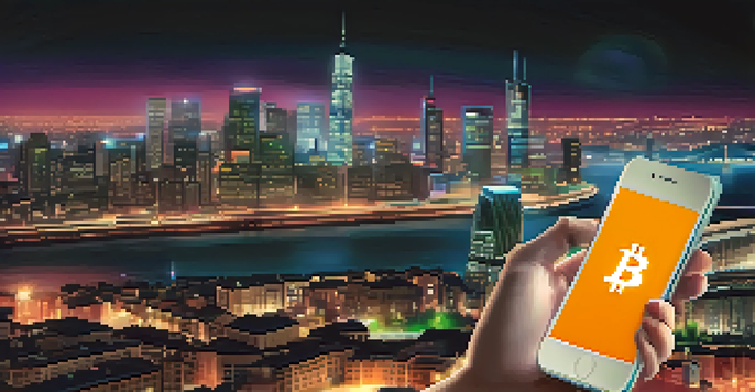 A close-up of a smartphone showing a Bitcoin wallet app with a VPN icon, set against a blurred night cityscape with vibrant lights.